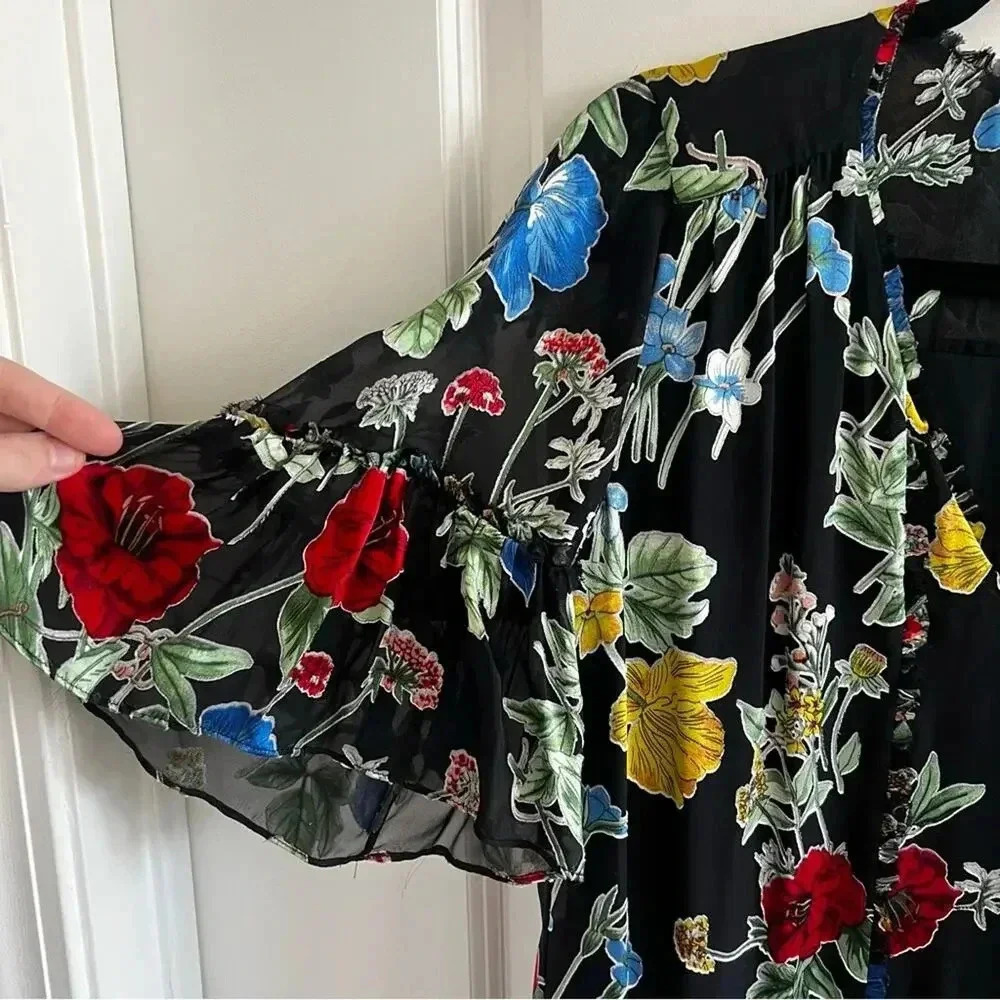 602* Alice + Olivia Pauline Floral Print Ruffle Tunic Mini Dress Size Small - Picture 8 of 9